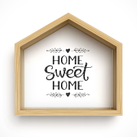 Wooden house frame on white background with Home Sweet Home text