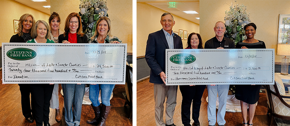 Citizens First Bank photos of donation in amount of $24,500 to Haven of Lake & Sumter Counties (photo on left) and $2,500 to United Way of Lake & Sumter Counties (photo on right).