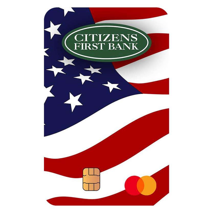 American flag artwork on Citizens First Bank branded debit card.