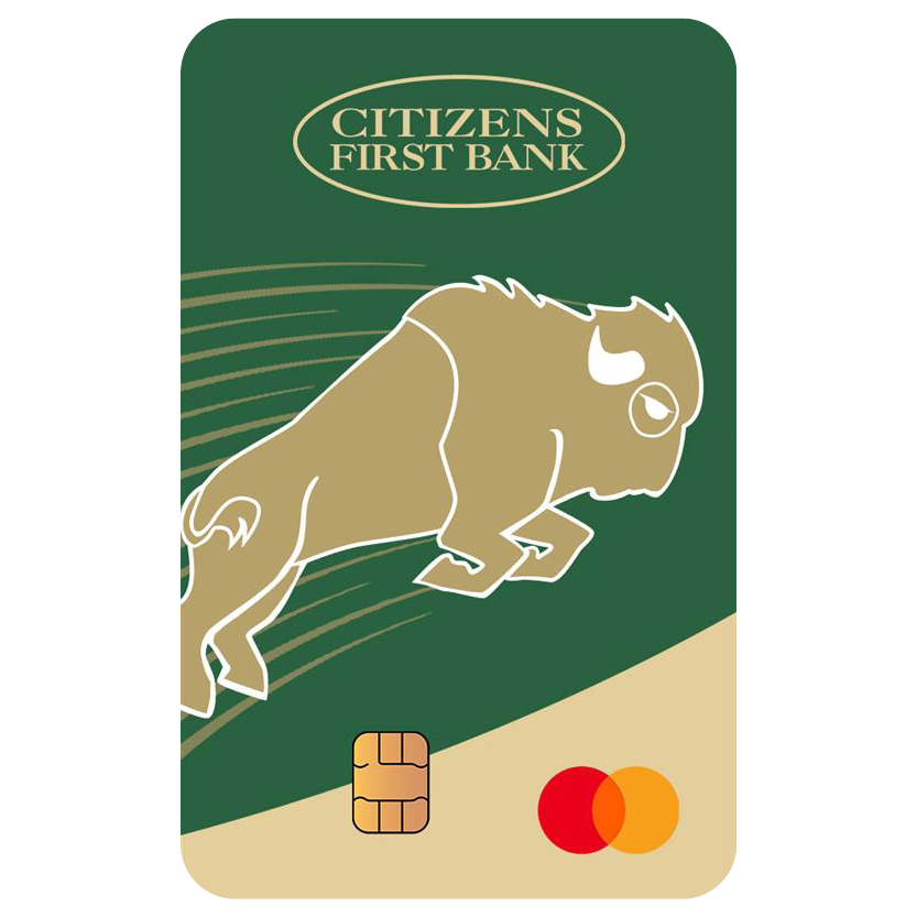 Gold and white Buffalo artwork on dark green background of Citizens First Bank branded debit card.