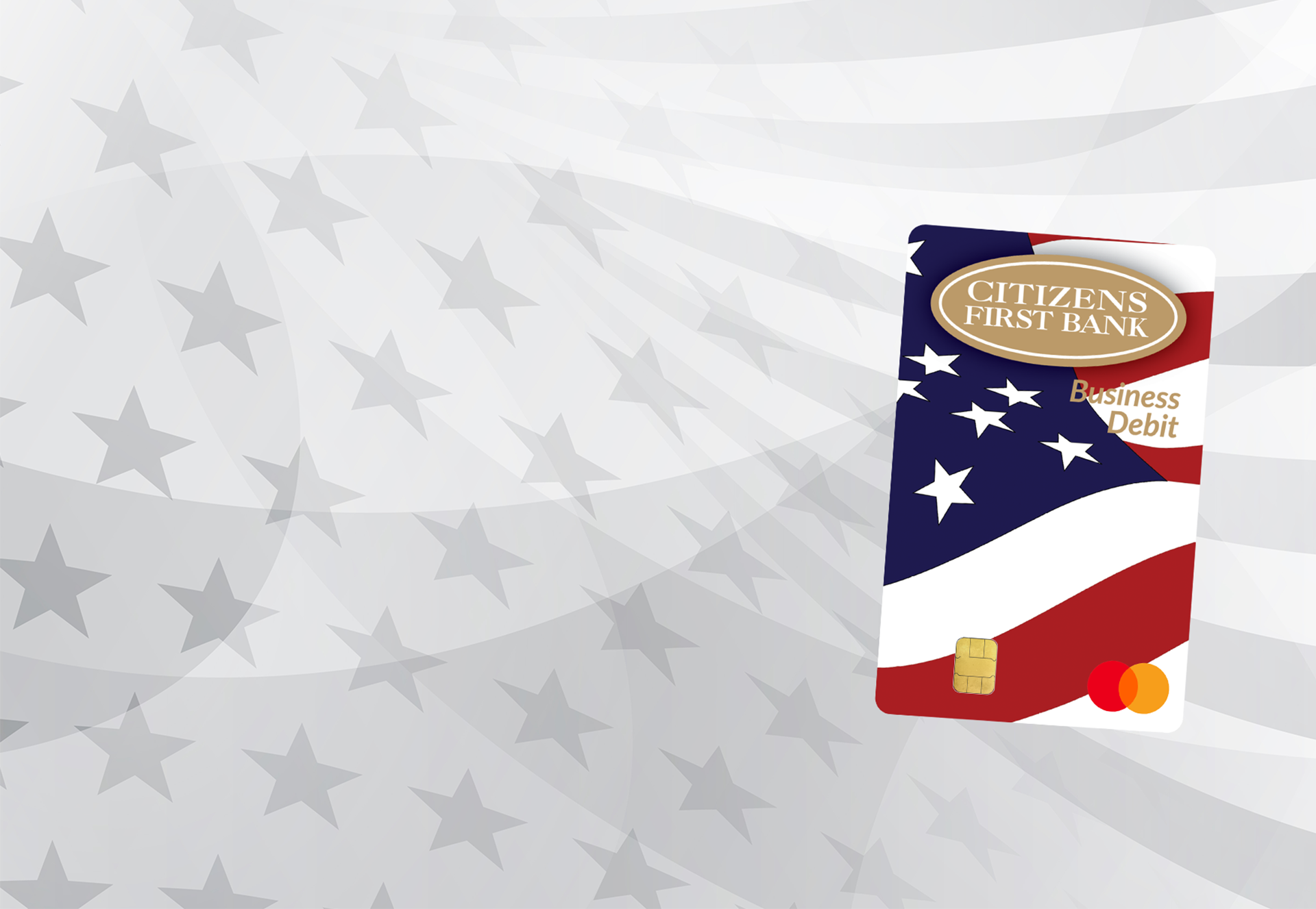 Image of American Heroes Business Debit Card on grey stars and stripes background.